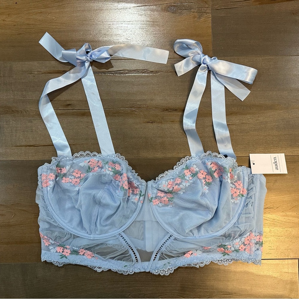 Auden Light Blue Longline Bra with Pink Floral Embroidery